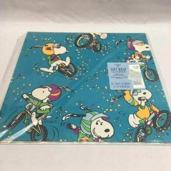 Vintage Hallmark set of 2 Peanuts Snoopy Gift Wrap Paper Bike Sports - Picture 2 of 8